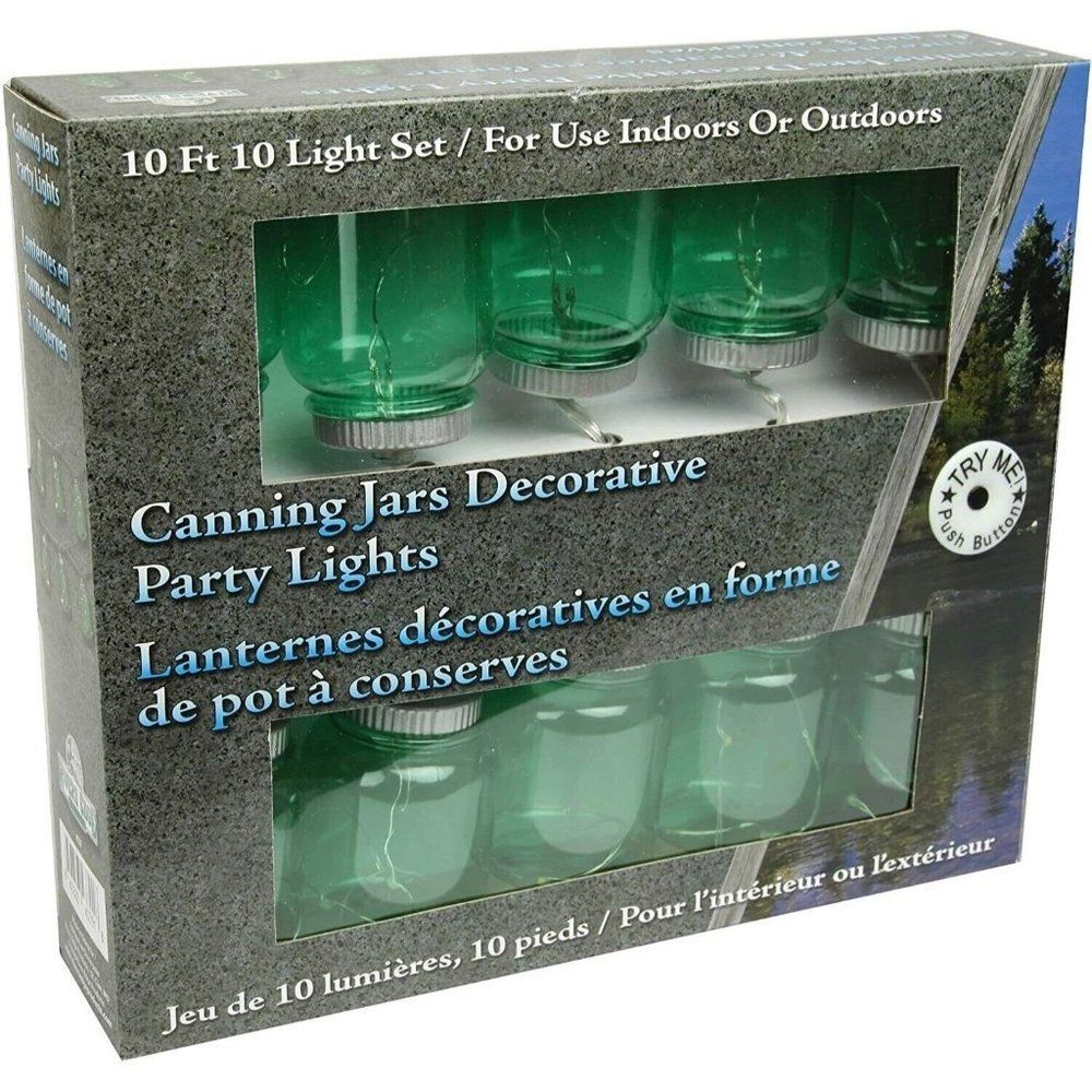Mason Canning Jars Green 10 Party String Lights Twinkling 10-Feet Battery Power